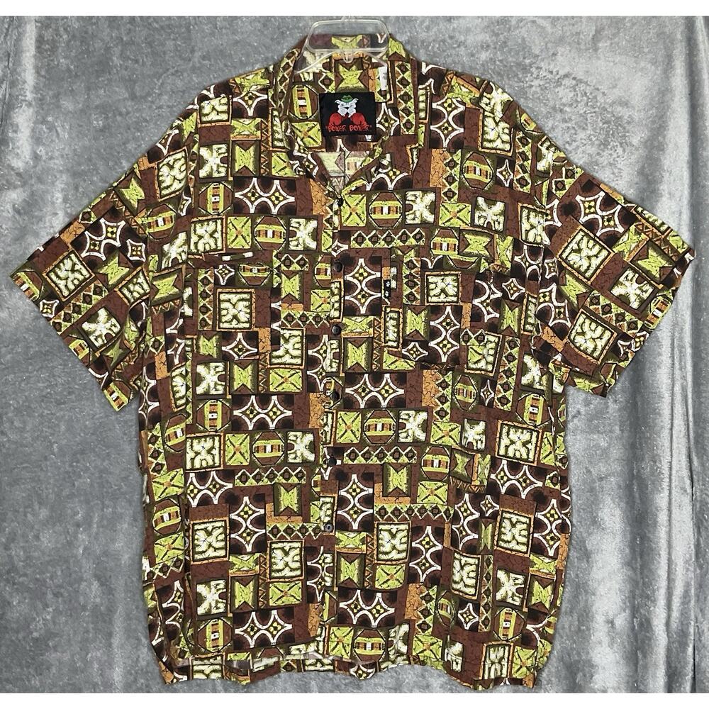 Vtg Boxer Boxer Mens 2X Big Green Brown Geometric Hawaiian Shirt Cotton Blend